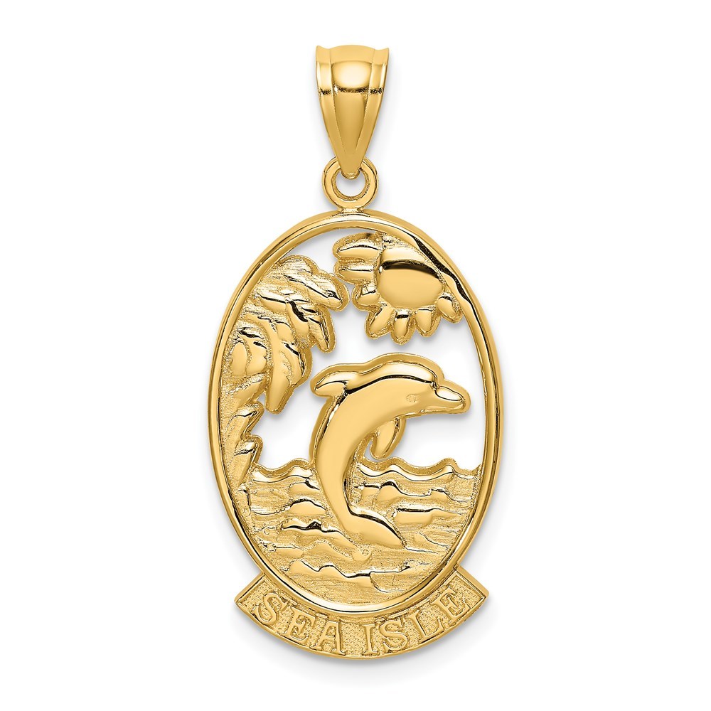 14k Yellow Gold Travel SEA ISLE with Dolphin Sunset Scene Necklace Charm Pendant
